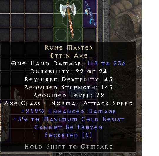 D2R Rune Master Ettin Axe (259, 5 sockets), Video Gaming, Video