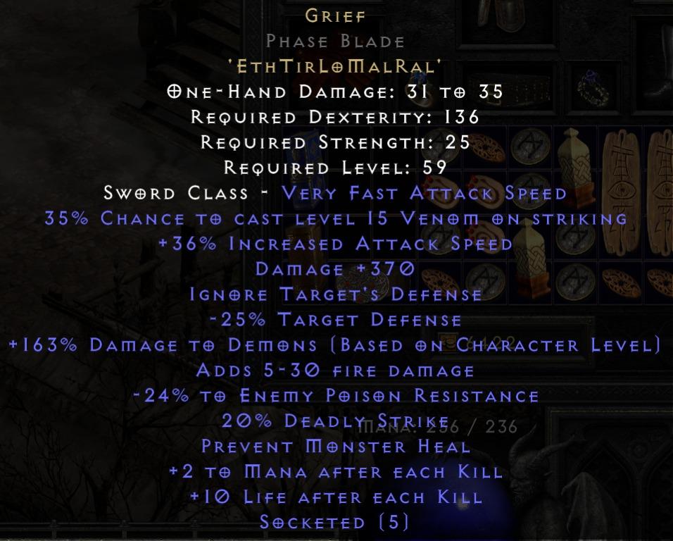 Diablo 2 Resurrected Grief (Runeword) Phase Blade, Video Gaming