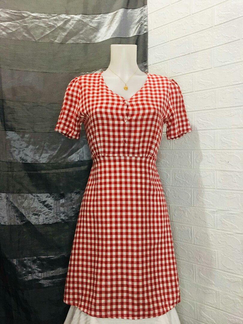 Gingham Red Dress, Women's Fashion 