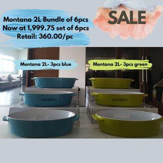 Montana Serving Dish, Home classics , Bakeware 2L Promo bundle offer : 1,999.75/ set of 6pcs ( 2L Blue 3pcs + 2L Green 3pcs ) Retail: 360.00/pc only