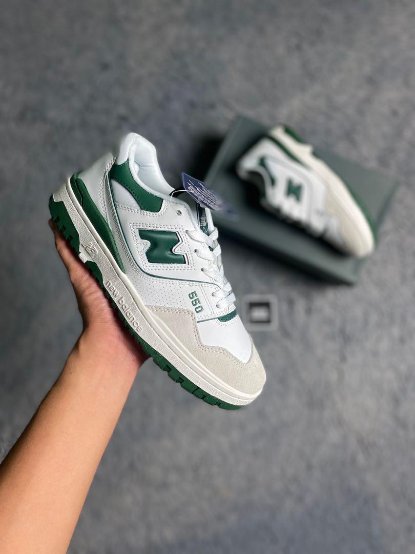 new balance 550 white green on feet
