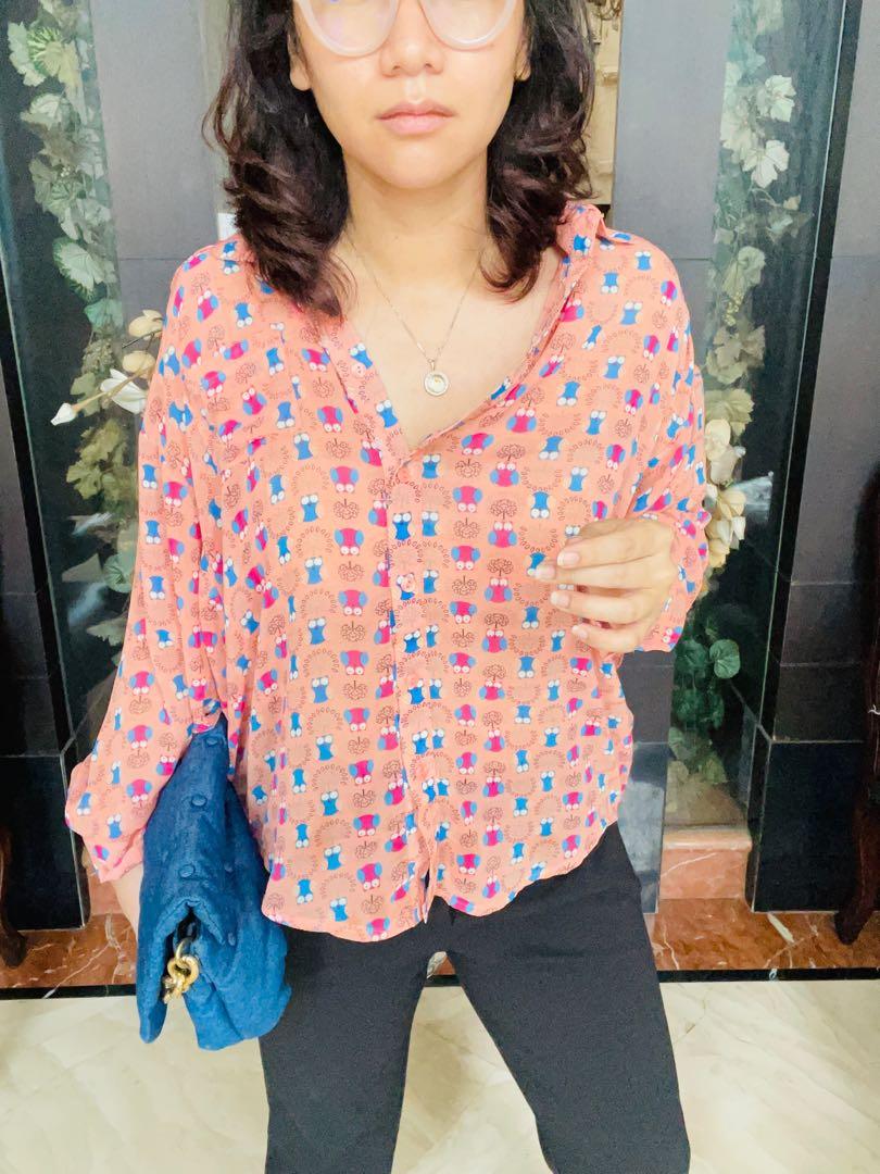 Pink owl blouse, Fesyen Wanita, Pakaian Wanita, Atasan di Carousell