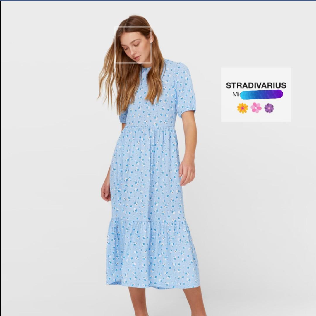Stradivarius Floral Blue Midi Dress, Fesyen Wanita, Pakaian Wanita, Gaun u0026  Rok di Carousell