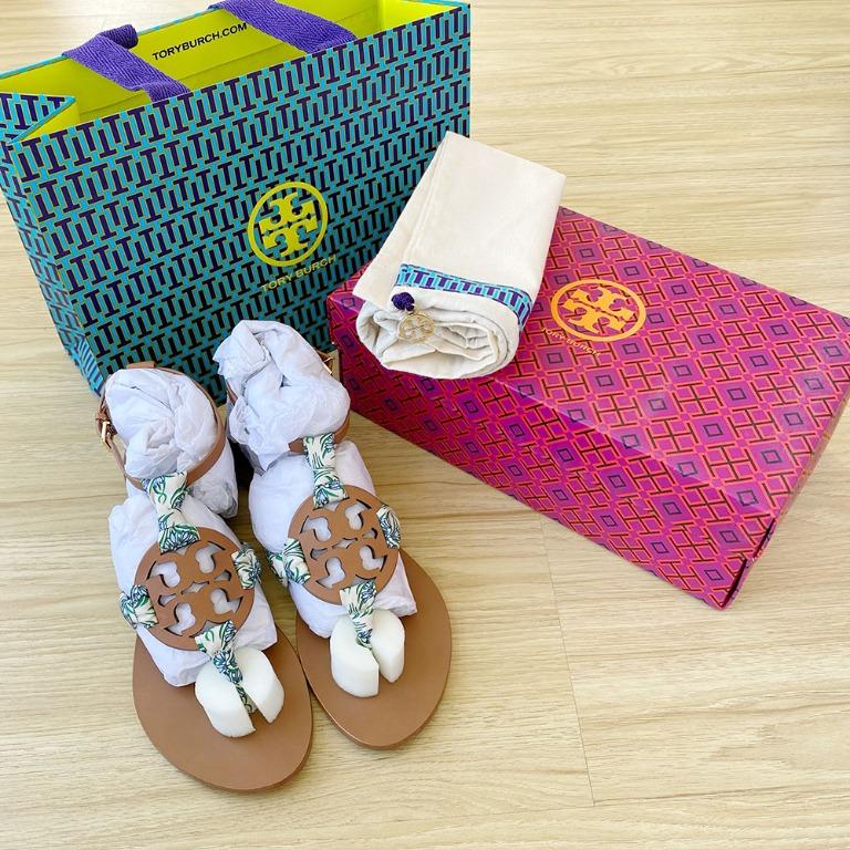 SUPER SALE Authentic TORY BURCH Natural Tan Miller Scarf Leather Flats Sandals Size 7