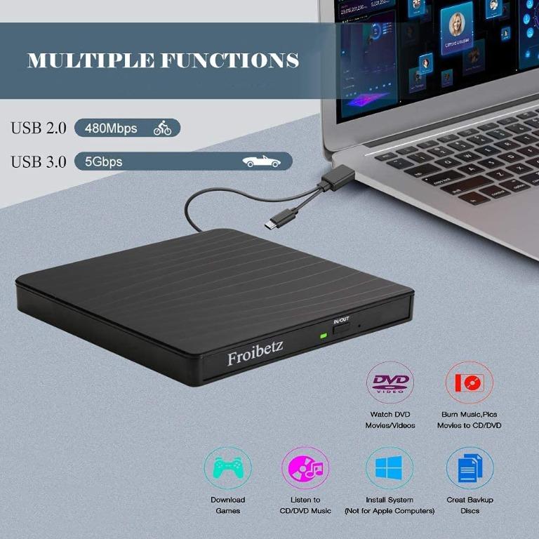 Froibetz External DVD Drive USB 3.0 Type-C Pop Up Mobile CD Drive CD ...