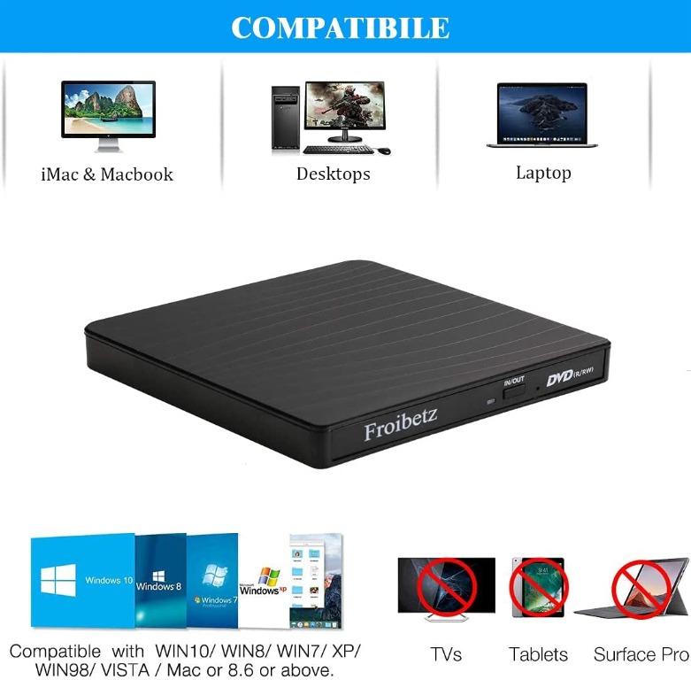 Froibetz External DVD Drive USB 3.0 Type-C Pop Up Mobile CD Drive CD ...