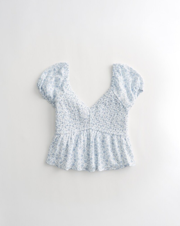 Hollister Smocked Puff Sleeve Peplum Crop Top Women s Fashion