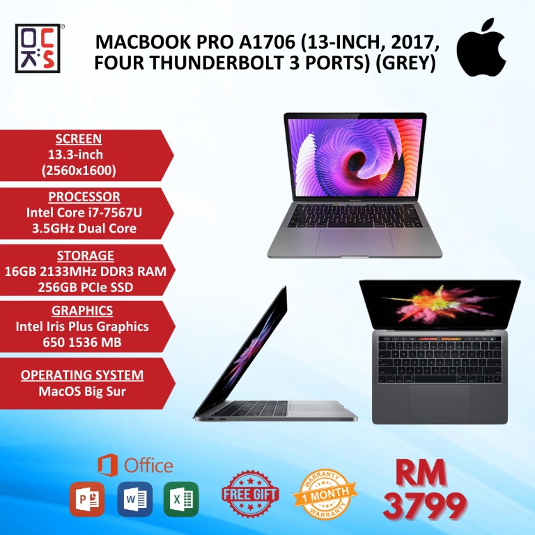MacBook Pro A1706 (13-inch, 2017, Four Thunderbolt 3 ports) (16GB RAM /  256GB SSD / TOUCH BAR), Computers  Tech, Laptops  Notebooks on Carousell