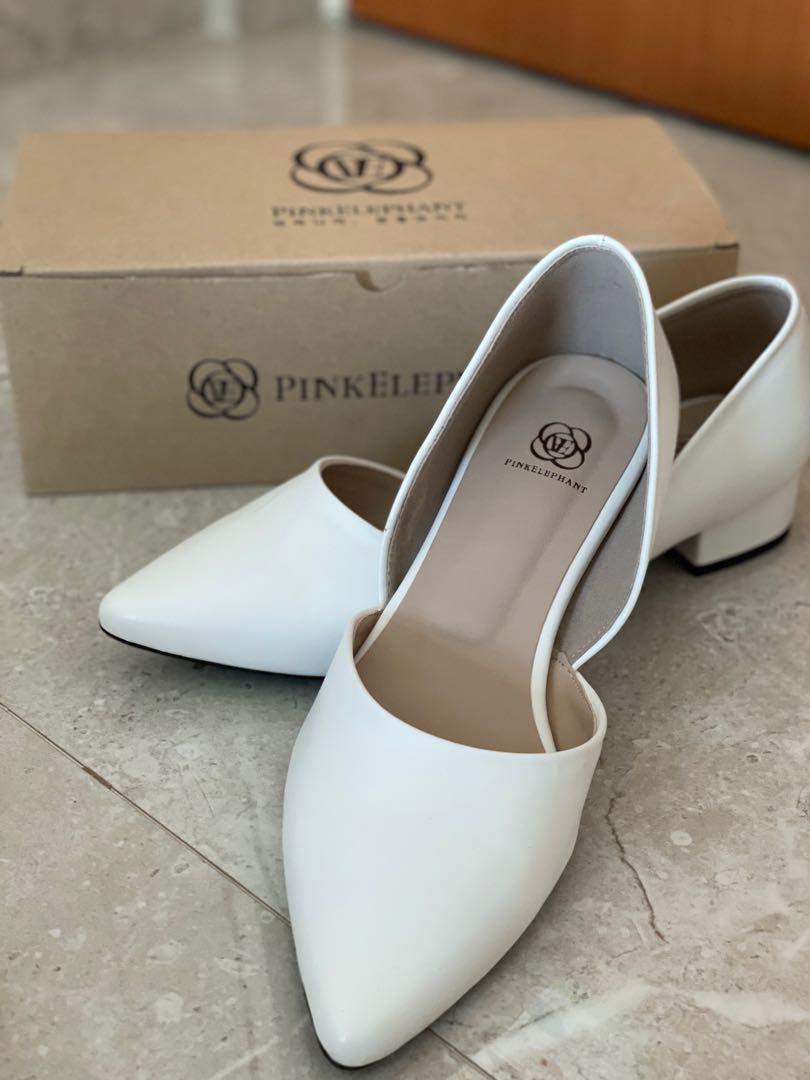 Pink Elephant Korean 3cm Heels White, Women's Fashion, Footwear