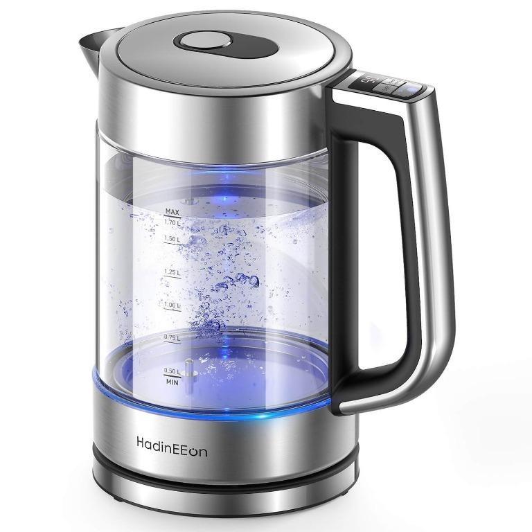 HadinEEon Electric Kettle, 1.7L Glass Boiler Electric Tea Kettle with Blue LED Indicator Light, Cordless Teapot Tea Heater, 304 Stainless Steel Hot