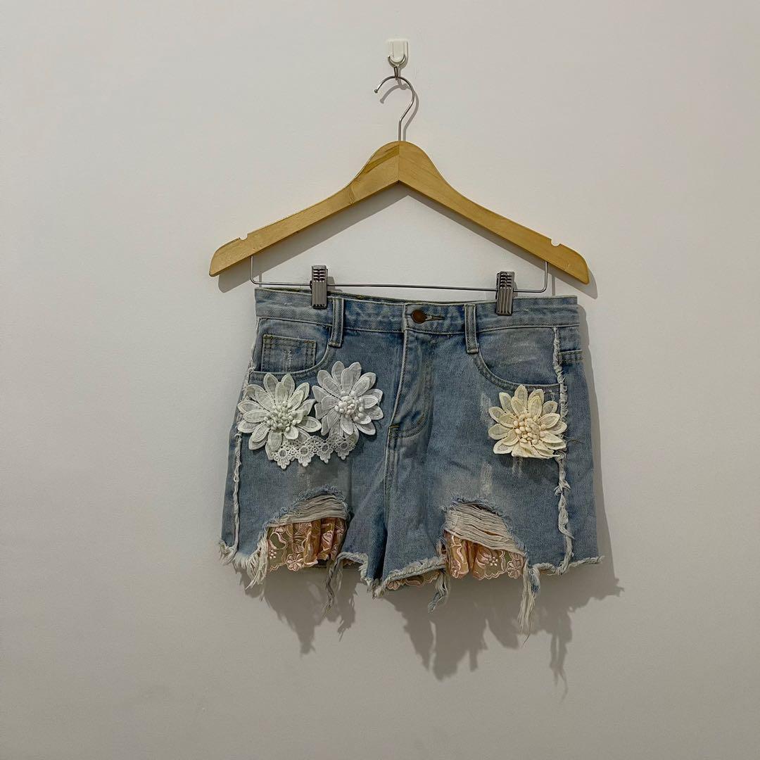 Thrift Short Denim Flower Jeans Celana 