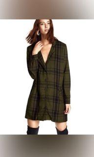 zara 綠格子長版開襟西裝洋裝外套罩衫Zara綠色格紋長版上衣棉質罩衫