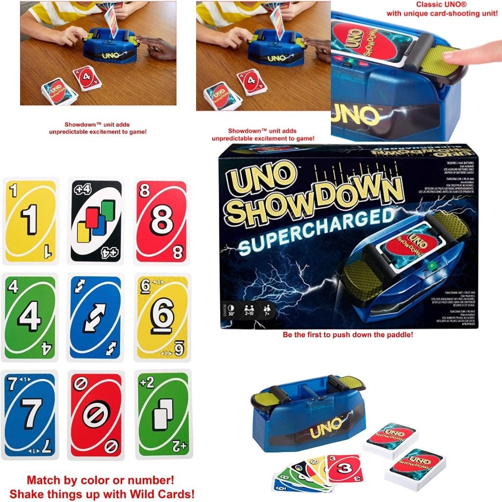 Gift for Kid Mattel Games UNO Showdown Supercharged Family Card Game with 112 Cards and Showdown Supercharged Unit for Ages 7 Years Old and Up Family or Adult Game Night 