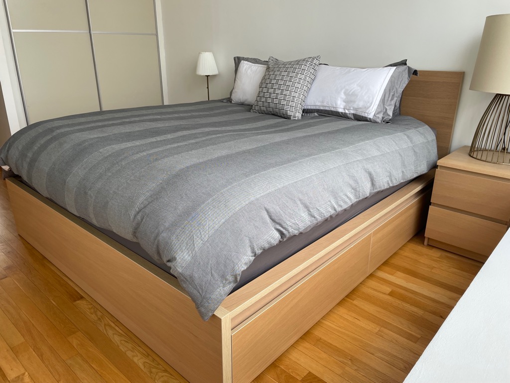 IKEA king bed (Frame and mattress) & 2 side tables , Furniture & Home