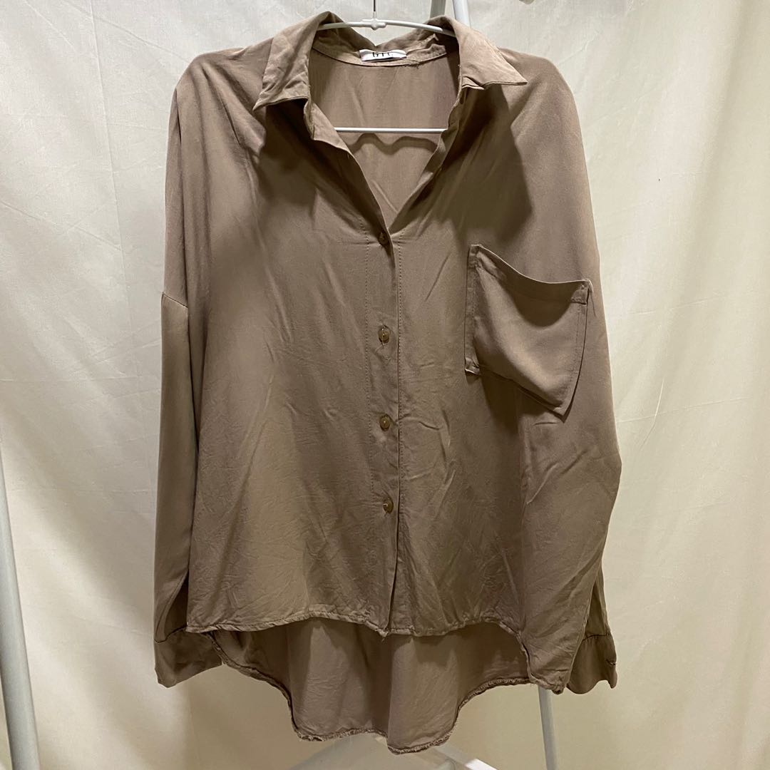 Khaki Brown Blouse Shirt, Fesyen Wanita 
