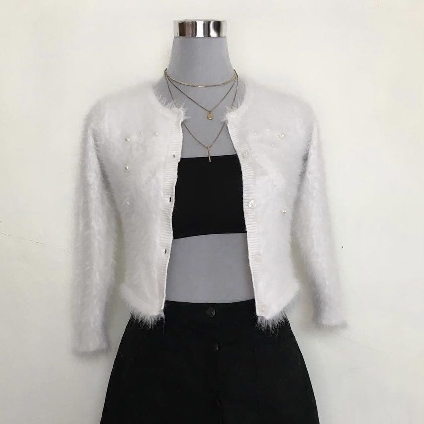 White fuzzy fur crop button up cardigan 