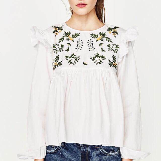 Zara White Floral Embroidered, Women's Fashion, Tops, Blouses on Carousell