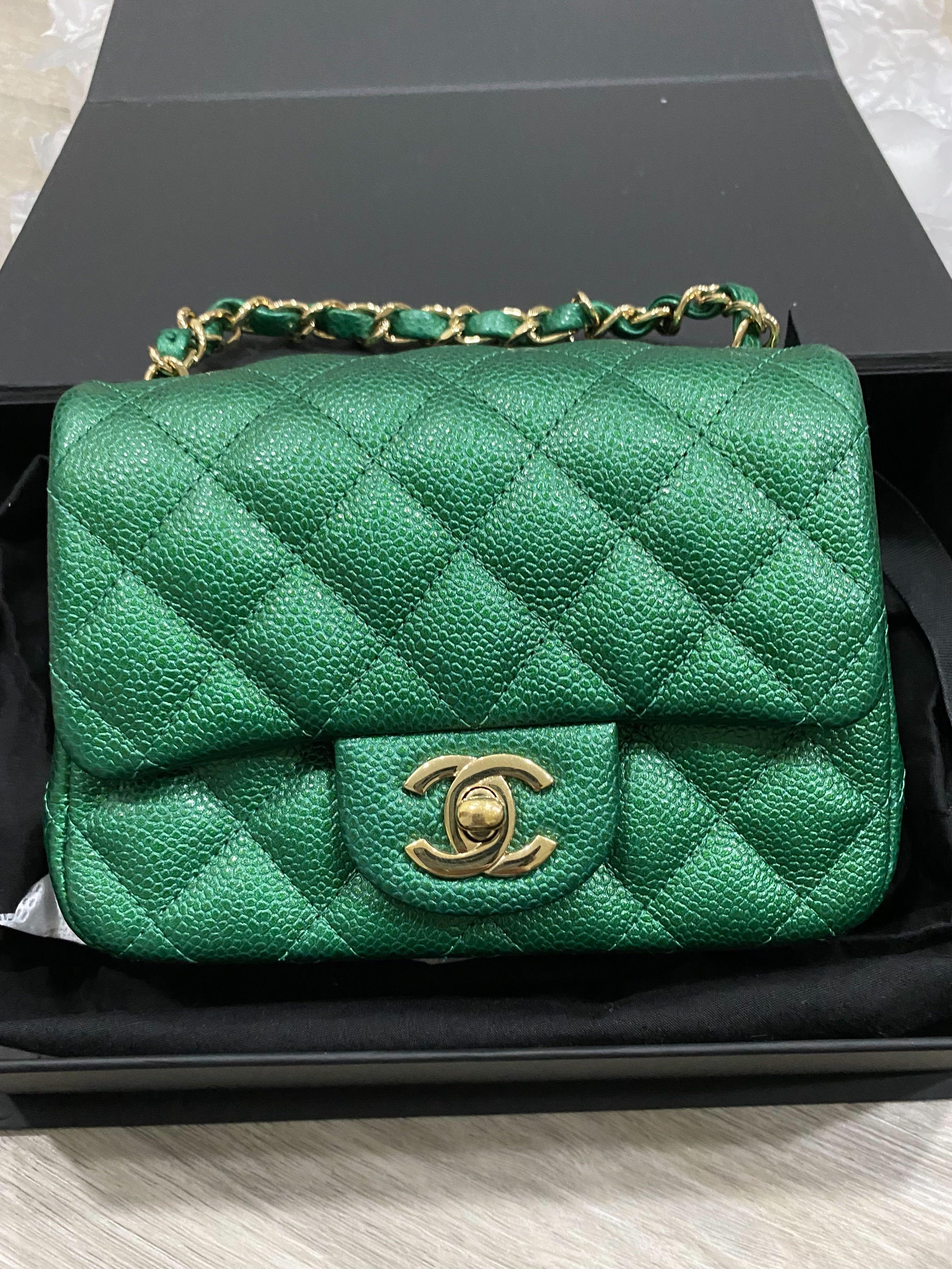 18S Emerald Green Chanel Mini Square, Luxury, Bags & Wallets on Carousell