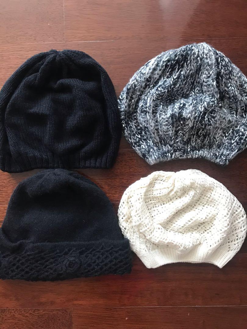 Black Knit Beret Cap Hat, Fesyen Wanita 