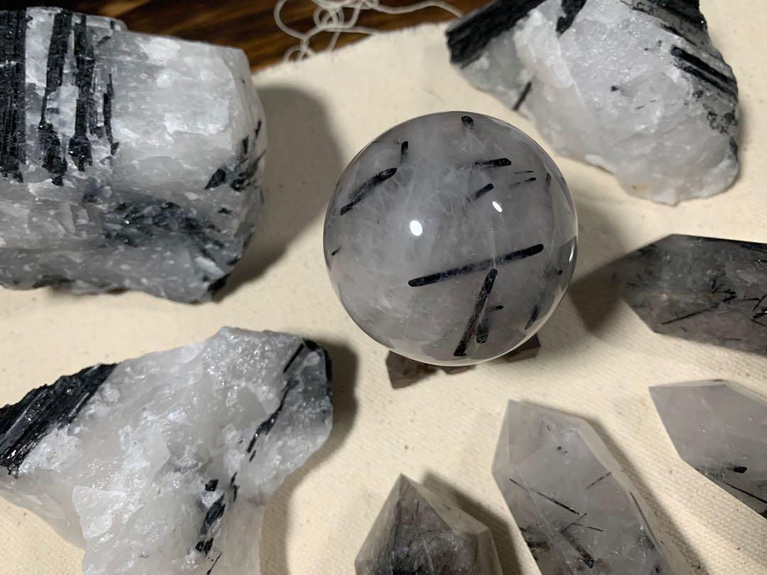 BlackTourmalineQuartzCrystalSphereTowerRough