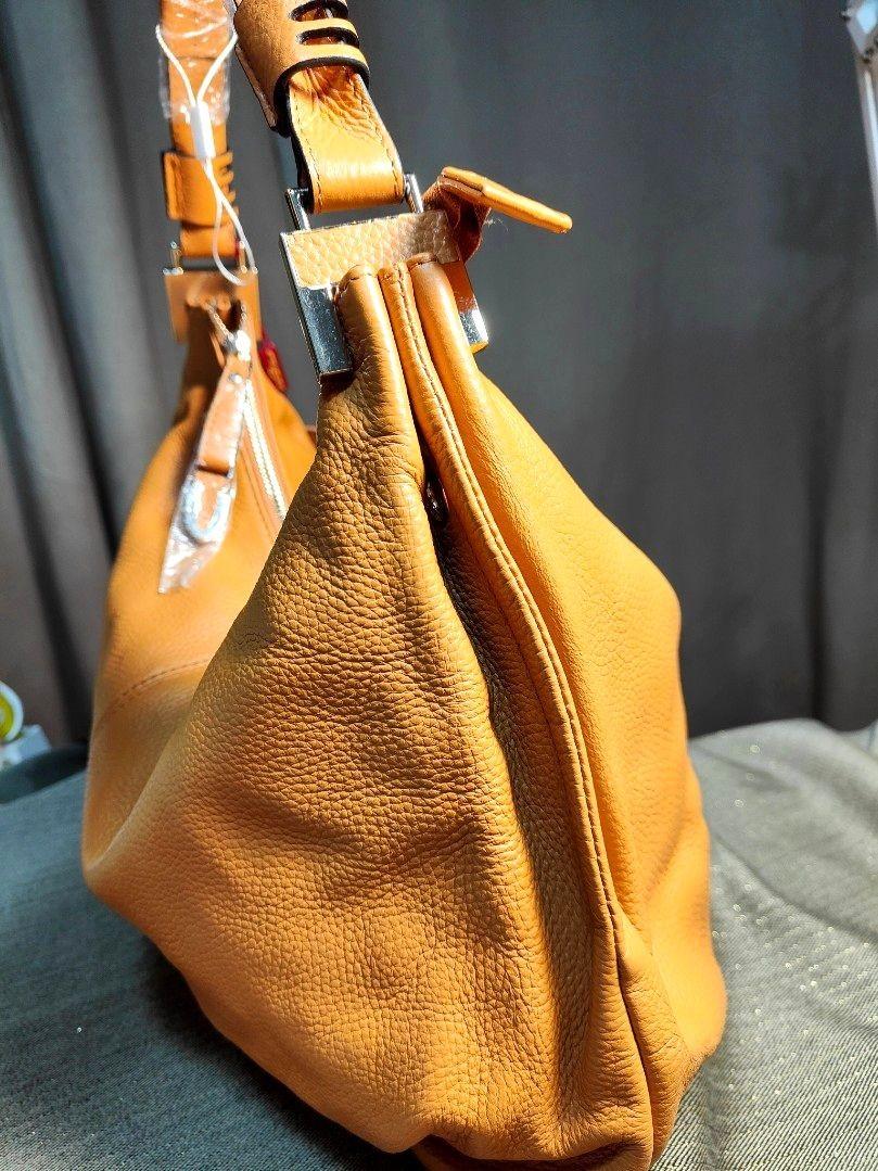 Butter Soft Pumpkin Colour Thick Genuine Leather Full Grain Hobo Shoulder Sling Tote Bag