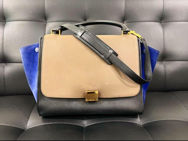 Celine Trapeze Sand Beige Blue Suede Medium Women s Fashion