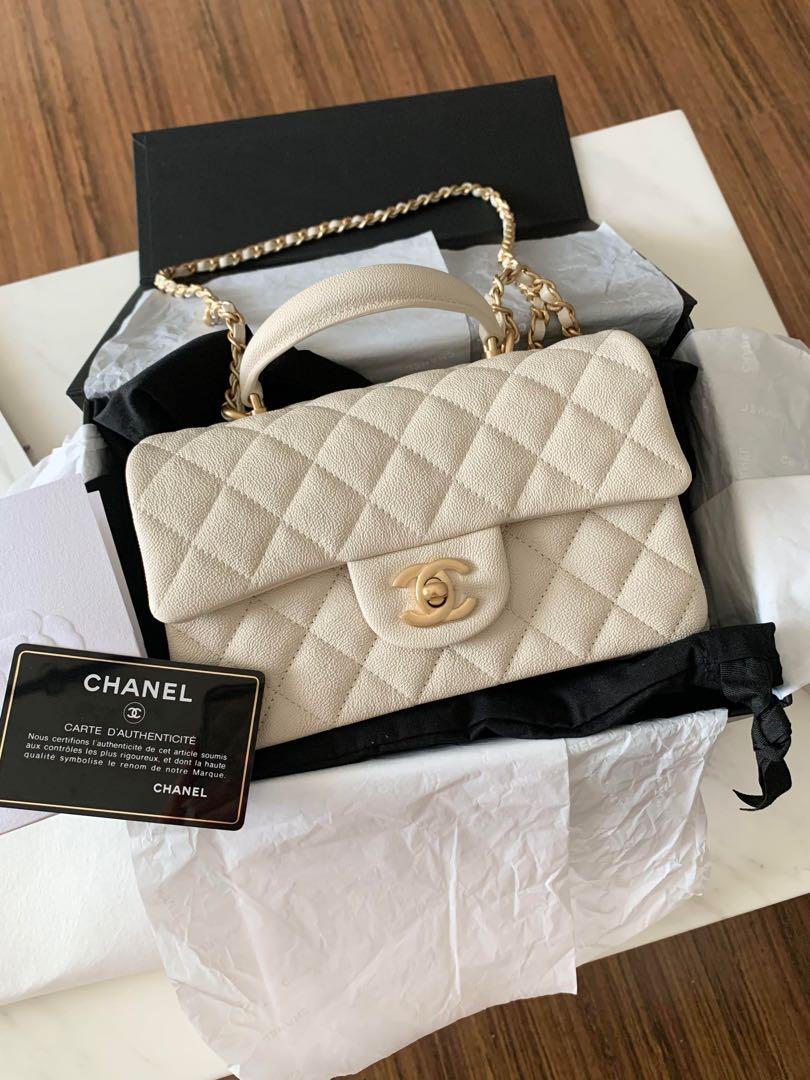 Chanel Top Handle Mini Rectangular Flap Bag Beige Lambskin Aged Gold H –  Coco Approved Studio