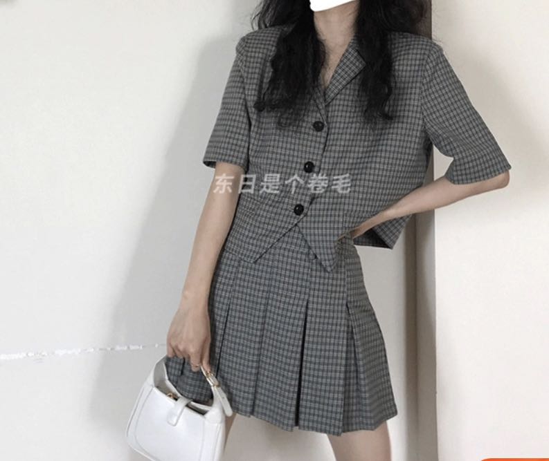 Checkered blazer top and skirt set