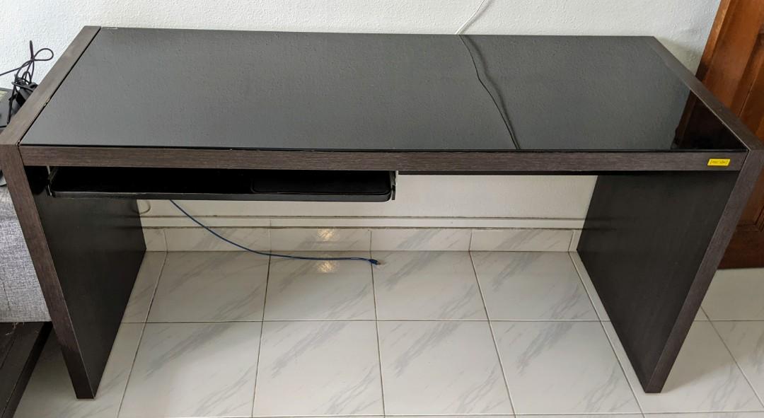 Vhive Camry Table dark walnut wood table with glass top & keyboard tray