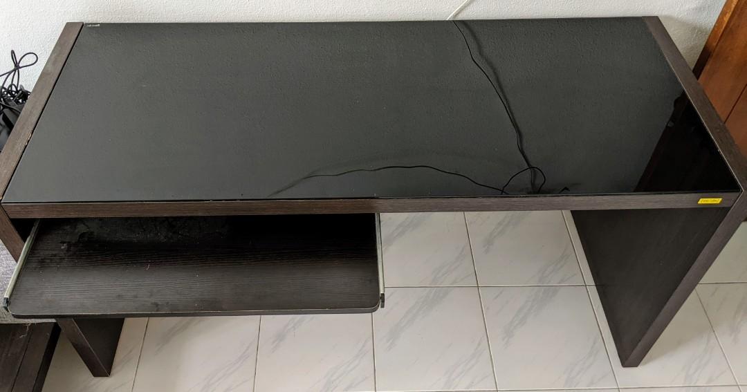 Vhive Camry Table dark walnut wood table with glass top & keyboard tray