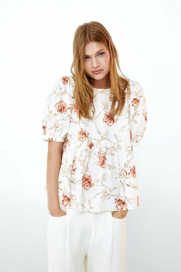 Floral linen peplum blouse Zara ori, Fesyen Wanita, Pakaian Wanita, Atasan  di Carousell
