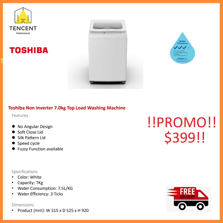(!!FREE DELIVERY!!)TOSHIBA AWK801AS Non Inverter 7.0kg Top Load Washing Machine(WELS3Ticks