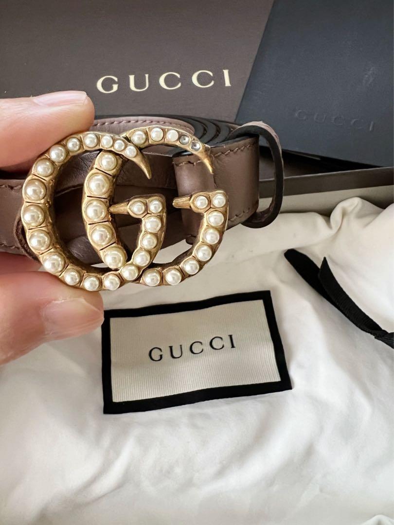 Leather belt with pearl double g buckle on sale