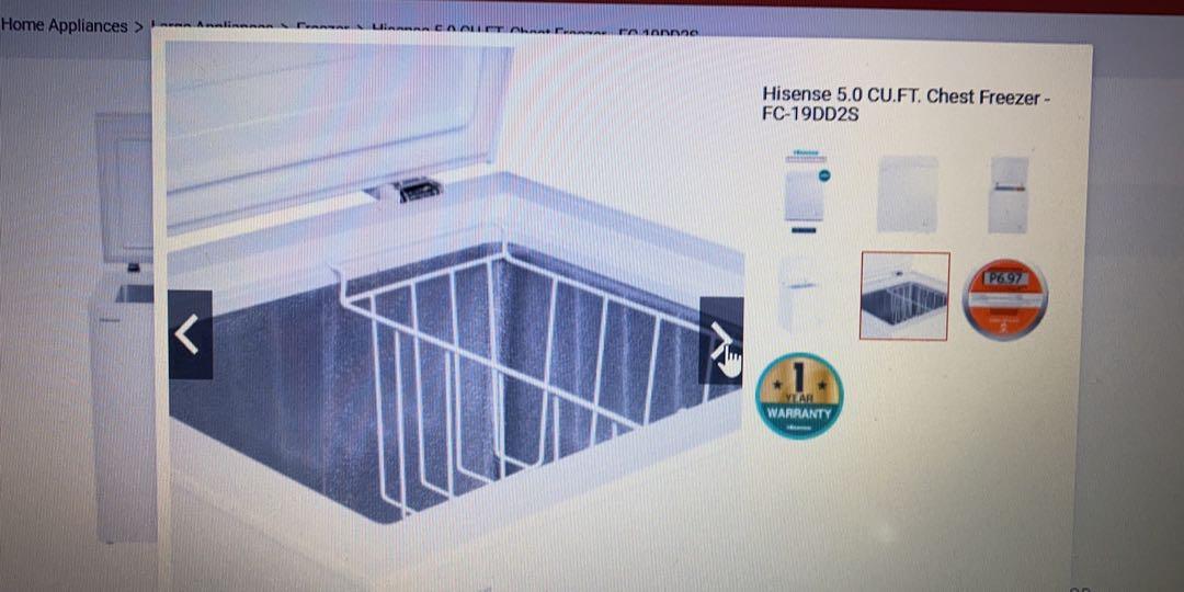 Hisense 5 cu ft chest freezer (Category: Refrigerators and Freezers) located in Paranaque City. Submitted by chrisdr778 (Listing ID 1121297916, Image 3). Description: Hisense 5 cu ft chest freezer. Brand new. Pick-up at betterliving paranaque. 11k.