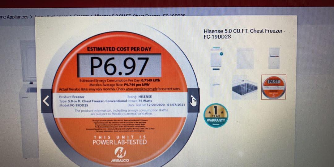 Hisense 5 cu ft chest freezer (Category: Refrigerators and Freezers) located in Paranaque City. Submitted by chrisdr778 (Listing ID 1121297916, Image 2). Description: Hisense 5 cu ft chest freezer. Brand new. Pick-up at betterliving paranaque. 11k.