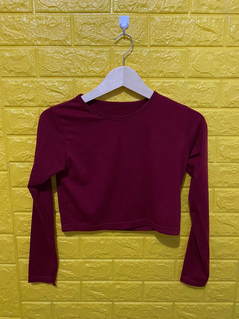 Maroon Crop Top, Fesyen Wanita, Pakaian 
