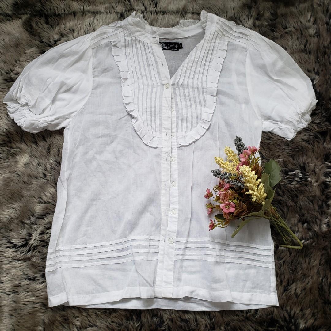 Puff Sleeve Button Down Blouse, Women's Fashion, Tops, Blouses on Carousell