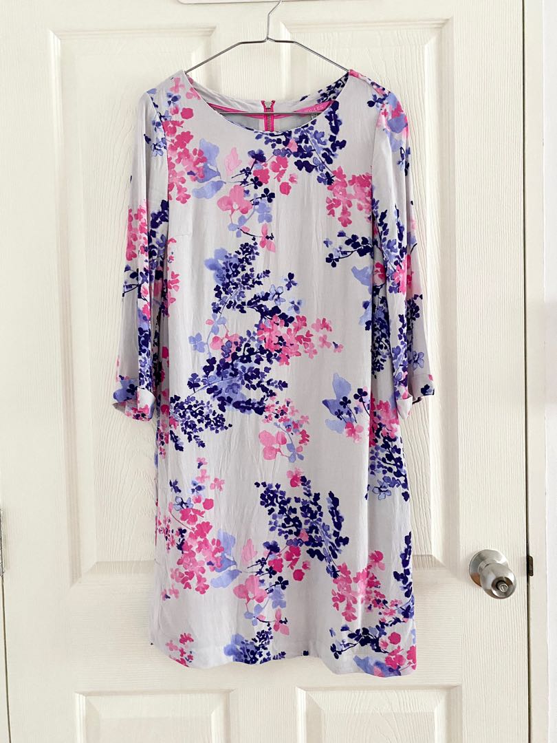 Size 10 JOULES UK designer brand floral tunic dress lined long sleeve high neck blue purple pink grey knee length CNY cottagecore office work holiday modest M medium 38 blossom Sakura drop