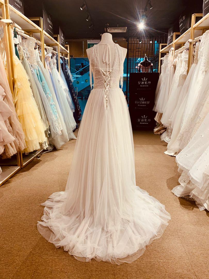 White beaded cheap wedding dress
