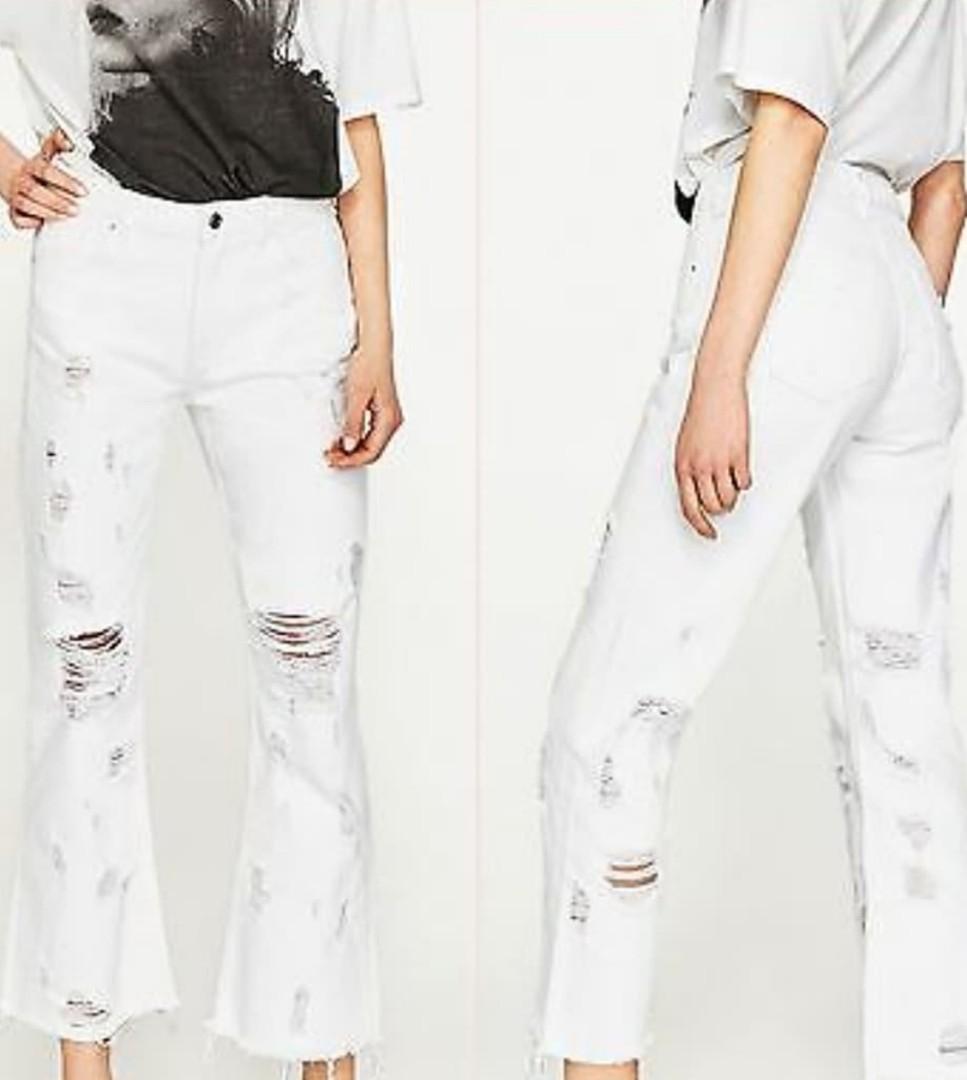 Zara white ripped jeans, Fesyen Wanita 