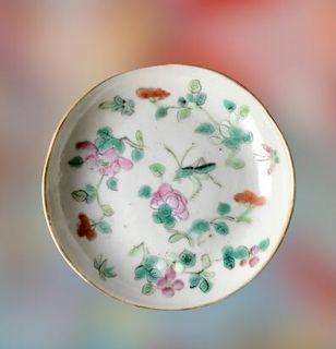 Antique Chinese famille rose porcelain cricket peony small dish / saucer / plate