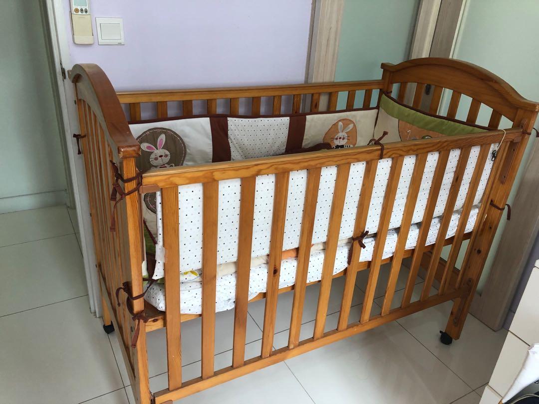 Baby Cot with Wheels, bumper and latex mattress, Babies & Kids, Baby