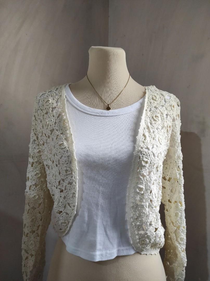 Cream crochet cardigan, Women's Fashion, Tops, Others Tops on Carousell