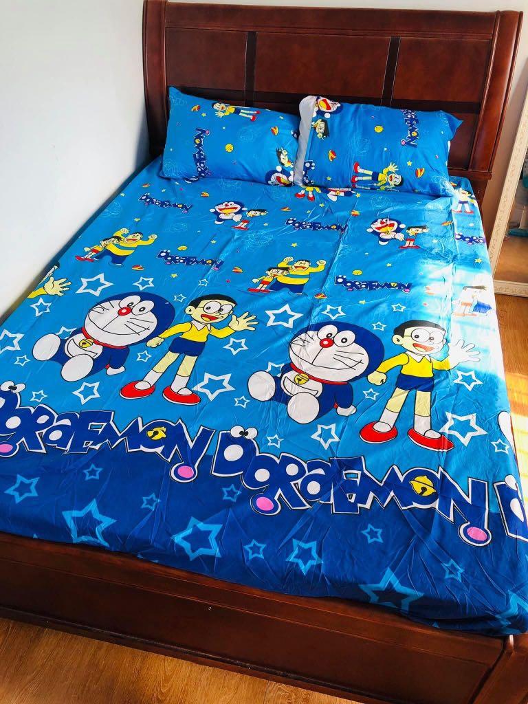 Doraemon 3 in 1 bedsheet full garterized (Category: Bedding & Towels) located in Binan City. Submitted by gladypie (Listing ID 1121418508, Image 1). Description: cotton maganda tela malamig queen to king inclusions: 2pcs pillow size: 27x17 1 full garterized bedsheet.