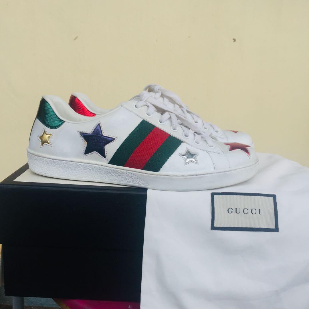 GUCCI ACE STARS EMBROIDERED LEATHER SNEAKERS SHOES Authentic