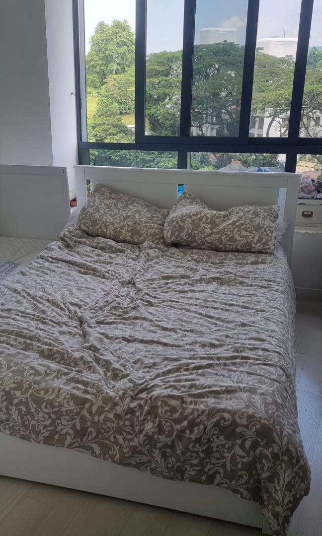 IKEA SONGESAND Bed frame with 2 storage boxes, white, Furniture