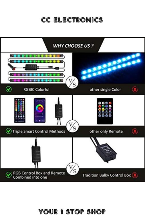 Homeyard RGBIC Interior Car LED Lights Bluetooth APP IR Remote Music Sync with Car Charger Controller Box Two-Line Design SMD5050 Multi Colors DC 12V 20cm 4pcs DIY 