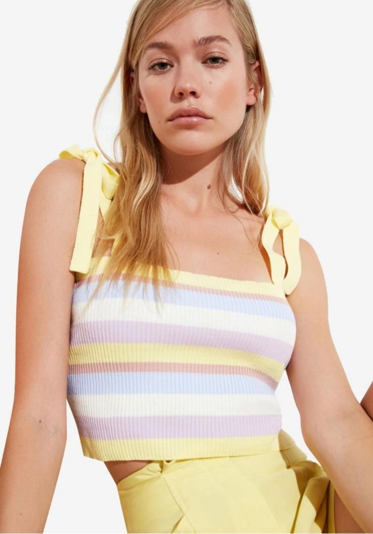 Pastel Knitted Tie-up sleeves (Category: Sleeveless) located in Angeles City. Submitted by schinina (Listing ID 1121550766, Image 1). Description: Brand new ❤️ Only tried on but never worn Super pretty in person (look at the color combination 🤌💋) Original Price is 999 Pesos Brand is Trendyol.