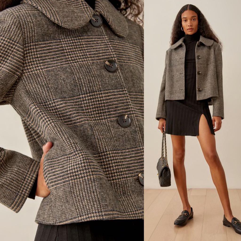 Reformation Dillion Jacket Coat in Brown Plaid