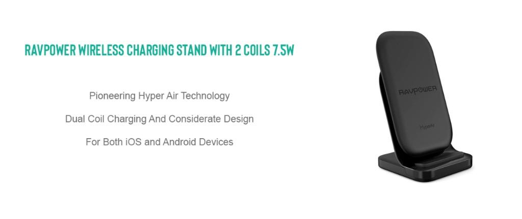 RAVPower Fast Stand Wireless Charger 7.5W (Category: Chargers) located in Marikina City. Submitted by skowshop (Listing ID 1121743153, Image 2). Description: The HyperAir technology delivers the fastest charging speeds for both iOS and Android devices, 7.5W for iPhone X, 8, and 8 Plus, and 10W for Samsung Galaxy S8, S7 and Note 8. 2x faster than traditional 3.5W - 5W wireless chargers. Charge Up Safely: HyperAir features triple temperature contro